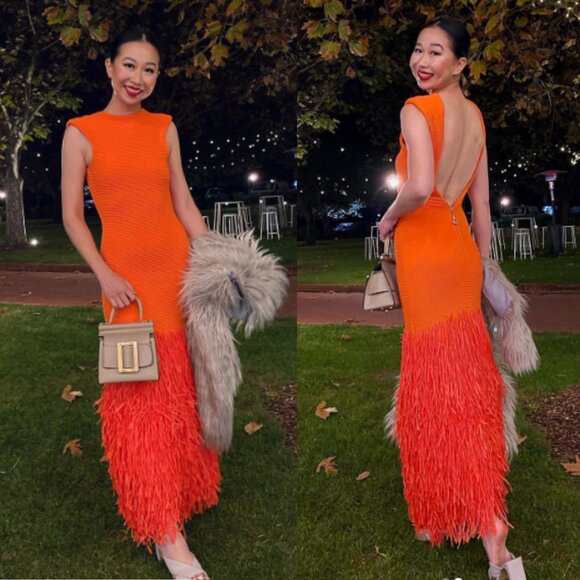 Aje Rushes Raffia Midi Dress Orange Knit Ribbed Fringe NWT Size M - Picture 13 of 15